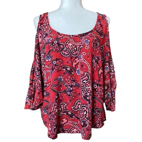 Mossimo Supply Co Women's paisley print cold shoulder ruffle blouse, Sz M - Picture 4 of 16